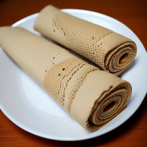 <lora:injera_v1:0.5>, food, injera, food, injera_focus, no_humans, photo_\(medium\), realistic, unconventional_media, rolled, Crepe