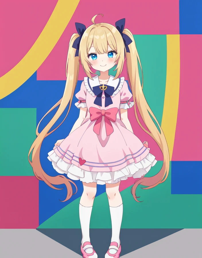 A sweet, shy, and smiling anime girl with long blonde twintails, big blue eyes, and a fair complexion stands in front of a colorful wall. She's wearing a frilly pink dress that reaches her knees, white stockings, and matching shoes. Her outfit contrasts with her pure innocence, making her even more adorable.
BREAK
cute, kawaii, moe, anime, virtual youtuber, flat colors