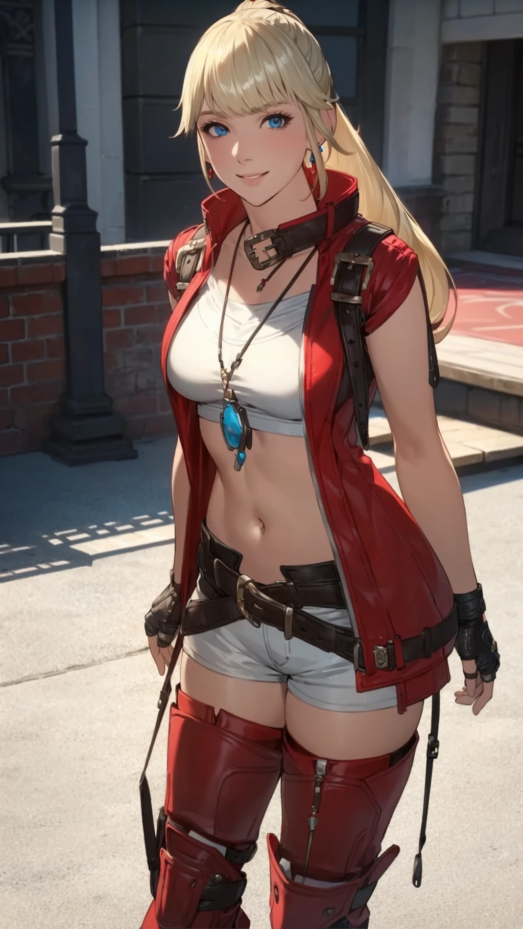 (from front:1.3), cowboy shot, standing, (looking at viewer:1.3), large breasts, smile, happy, (closed mouth:1.2), arm behind back, <lora:Lyse_FF14:0.6>, Lyse, bangs, blonde hair, (long hair:1.4), (ponytail:1.4), hair ornament, blue eyes, lips, earrings, jacket, red jacket, open jacket, sleeveless, shirt, pendant, gloves, black gloves, fingerless gloves, belt, pants, shorts, white shorts, short shorts, red footwear, red thighhighs, thigh boots, thighhighs, boots, masterpiece, best quality, high-resolution, absurdres, highres, ultra detailed, highly detailed, detailed beautiful face and eyes, 4k, 8k, <lora:Silicon-landscape-isolation:1>