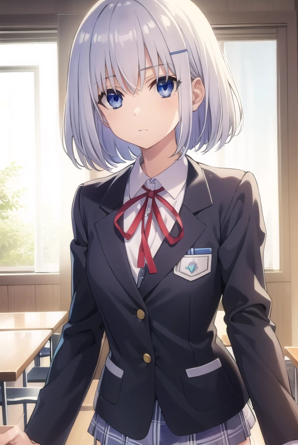 origamitobiichi, <lora:origami tobiichi s2-lora-nochekaiser:1>,
origami tobiichi school uniform, short hair, blue eyes, shirt, hair ornament, ribbon, school uniform, jacket, hairclip, red ribbon, black jacket, neck ribbon, blazer,
BREAK ,
BREAK indoors, classroom,
BREAK looking at viewer, (cowboy shot:1.5),
BREAK <lyco:GoodHands-beta2:1>, (masterpiece:1.2), best quality, high resolution, unity 8k wallpaper, (illustration:0.8), (beautiful detailed eyes:1.6), extremely detailed face, perfect lighting, extremely detailed CG, (perfect hands, perfect anatomy),
