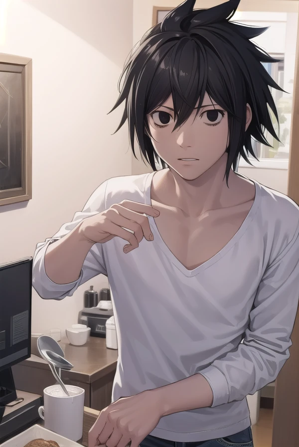 lawliet, <lora:lawliet manga-lora-nochekaiser:1>,
lawliet, male focus, spiked hair, (black eyes:1.5), black hair,
BREAK shirt, white shirt, collarbone, long sleeves, pants, denim,
BREAK indoors,
BREAK looking at viewer, (cowboy shot:1.5),
BREAK <lyco:GoodHands-beta2:1>, (masterpiece:1.2), best quality, high resolution, unity 8k wallpaper, (illustration:0.8), (beautiful detailed eyes:1.6), extremely detailed face, perfect lighting, extremely detailed CG, (perfect hands, perfect anatomy),