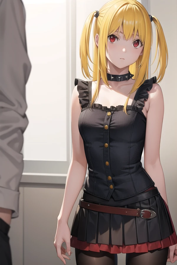 misaamane, <lora:misa amane manga-lora-nochekaiser:1>,
misa amane, twintails, (red eyes:1.3), (yellow hair:1.5), sidelocks, long hair,
BREAK skirt, pantyhose, sleeveless, belt, cross, frilled skirt, gothic, collar, spiked collar,
BREAK indoors, bed,
BREAK looking at viewer, (cowboy shot:1.5),
BREAK <lyco:GoodHands-beta2:1>, (masterpiece:1.2), best quality, high resolution, unity 8k wallpaper, (illustration:0.8), (beautiful detailed eyes:1.6), extremely detailed face, perfect lighting, extremely detailed CG, (perfect hands, perfect anatomy),
