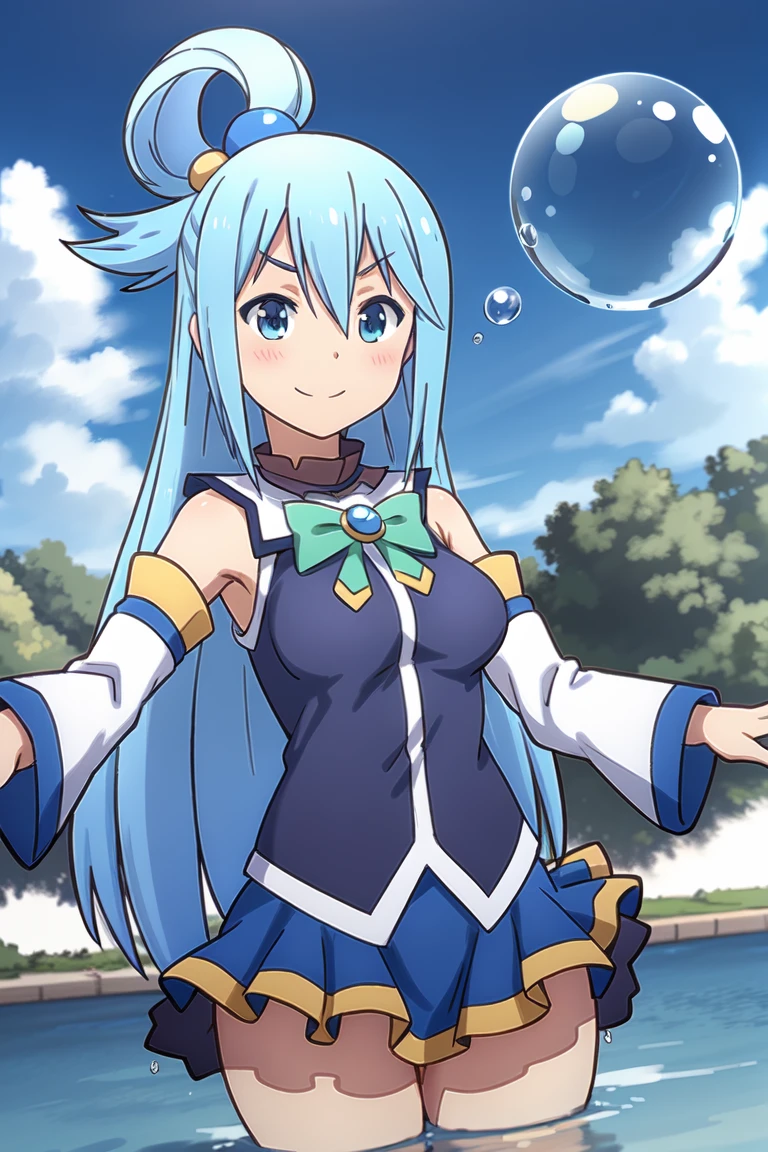 (extremely detailed fine touch:1.2), (natural light, sun light, light rays, dappled light, reflection, shadows, ray tracing:1.2), mature female, hourglass body , Masterpiece, best quality, highly detailed , <lora:Aqua_Konosuba:0.7> , AquaKnsb-KJ , skirt , thighhighs, blue shirt , detached sleeves, thigh boots, bow , (smile , open mouth:1.2) , sitting , (underwater:1.4) , (full shot:1.2) , day