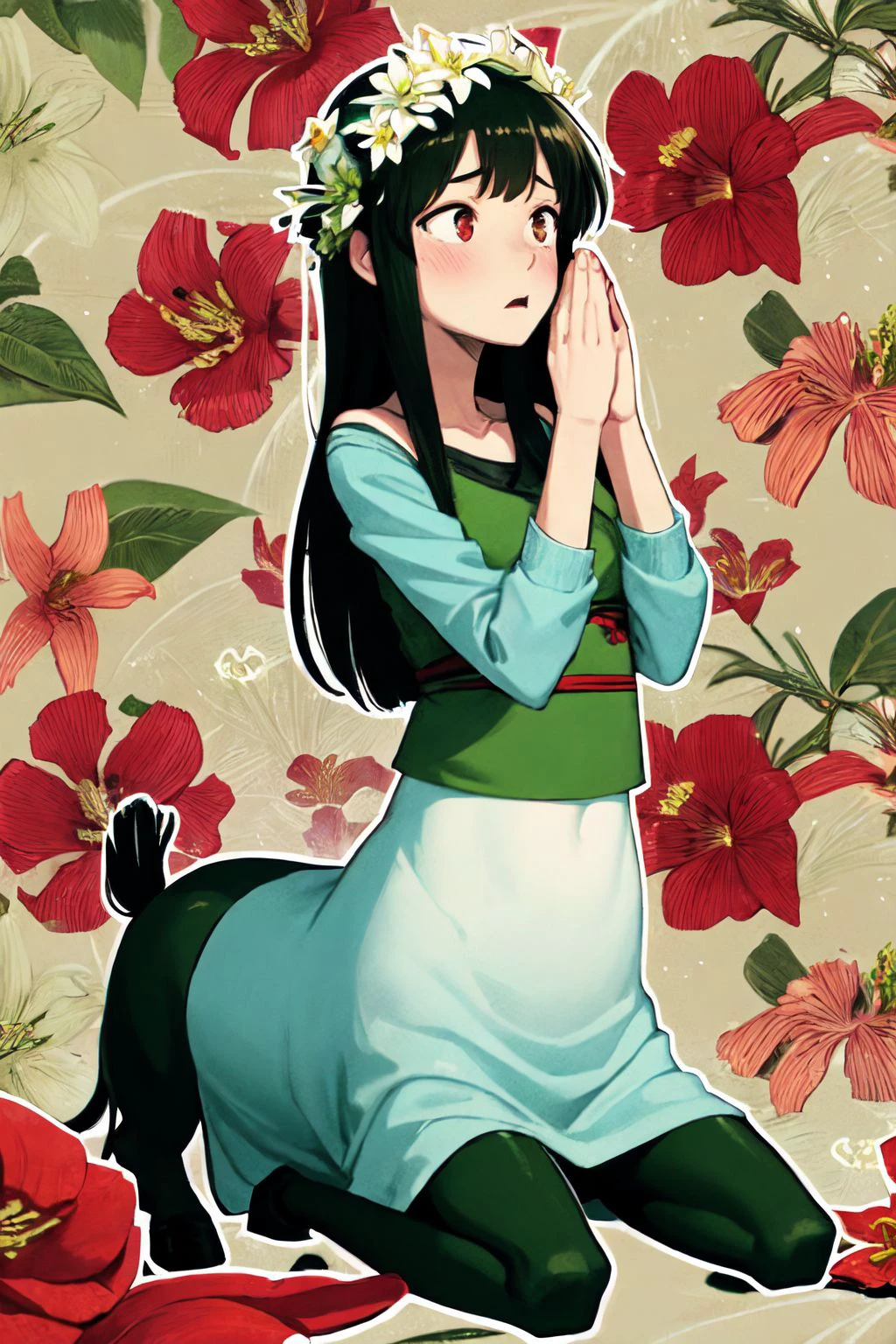 centaurcpt, solo, 1girl, facepalm, kneeling, dim light, African_Lily \(flower\), floral background <lora:centaur_cpt_v01:1>