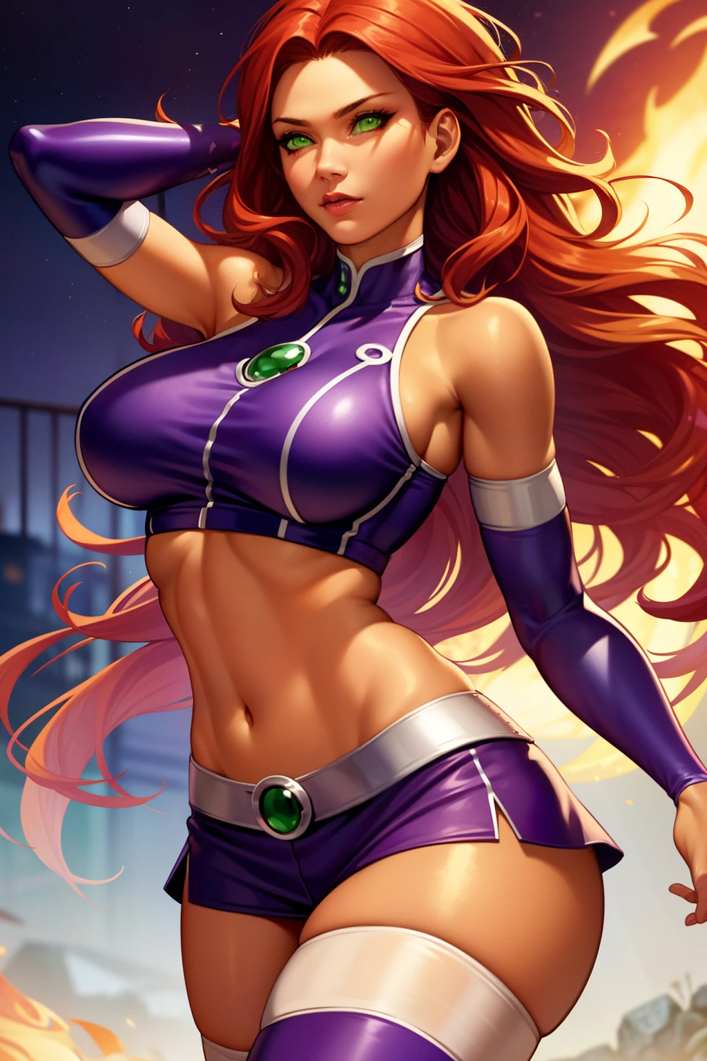 (masterpiece, best quality, ultra-detailed), StarfireDC, green eyes, red hair, glowing eyes tan skin, large breasts, midriff, purple skirt, crop top, purple thighhighs, bare shoulders, belt, metal arm guards