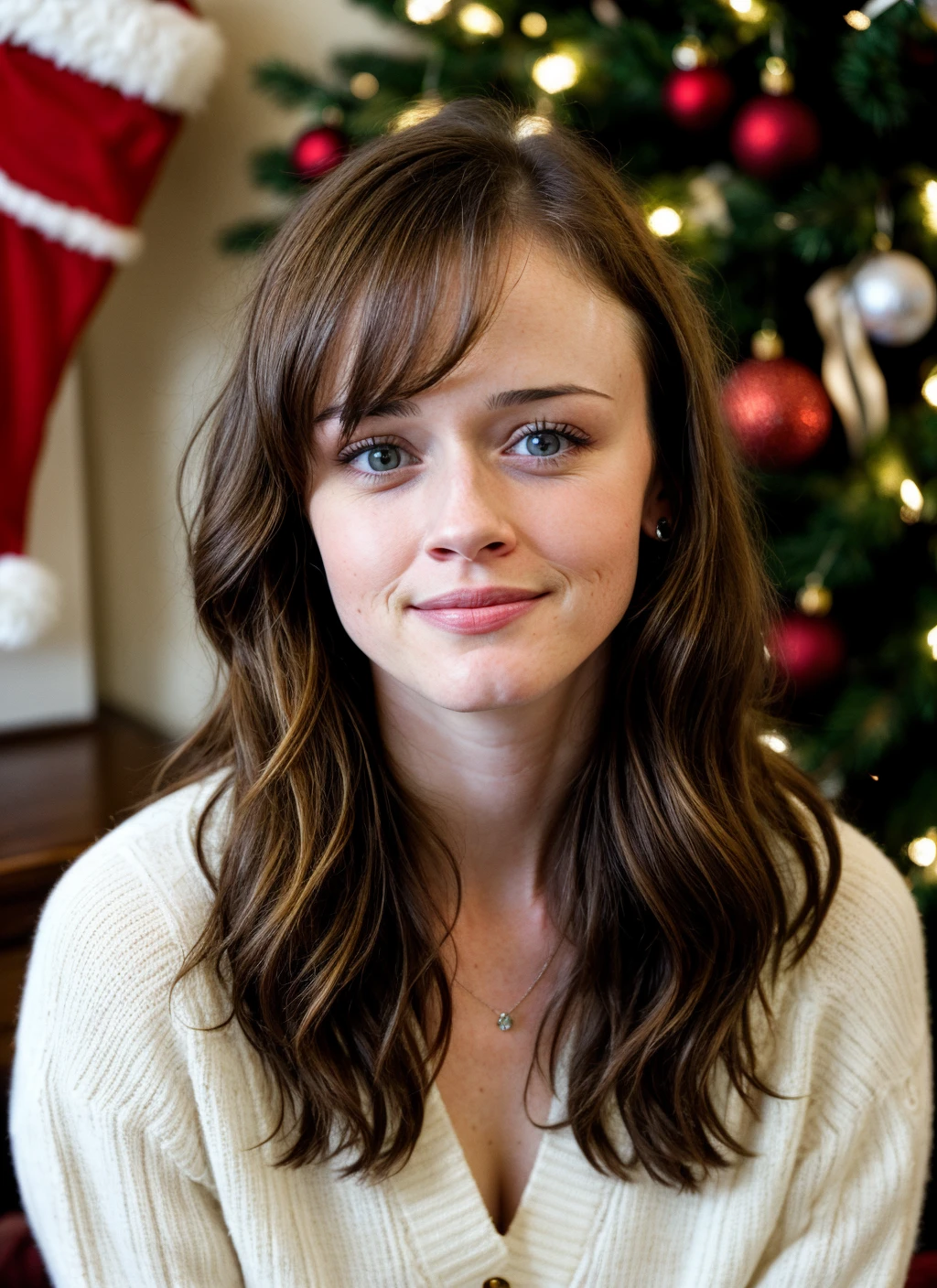 RAW photo of 20 years old alexisbledel-ti, natural lighting, 8k uhd, dslr, high quality, film grain, Fujifilm XT3, <lora:add_detail:0.7>, by Tim Walker, christmas theme, young