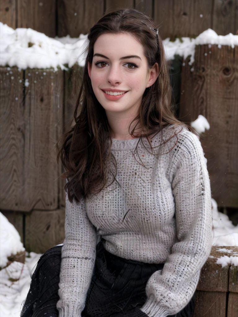 a high quality, (full body, wide angle), professional photo of (Anne Hathaway), perfect face, outside, cold day, snow, sweater , masterpiece, ultra realistic, extreme photo realism, rich colors, deep colors, dark blacks, bright whites, sharp focus, image_sharpener,