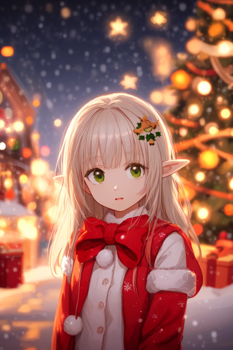 (portrait), masterpiece, best quality, ultra-detailed, illustration,
deviantart hd, artstation hd, concept art,
anatomically correct,
elf girl, christmas tree, christmas ornaments, christmas lights,
snowing, visible breath, night sky,
(vanishing point, motion blur, depth of field, gaussian blur),
 <lora:add_detail:.4> <lora:Festive_Bokeh:.4>