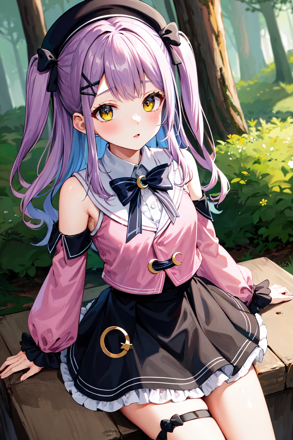 masterpiece, best quality, highres, aaruna, long hair, two side up, hair bow, hairclip, beret, black headwear, black bowtie, crescent, shoulder cutout, pink shirt, detached sleeves, long sleeves, black skirt, frilled skirt, single thighhigh, <lora:shinomiya_runa_v1:0.7>, sitting, tree stump, forest