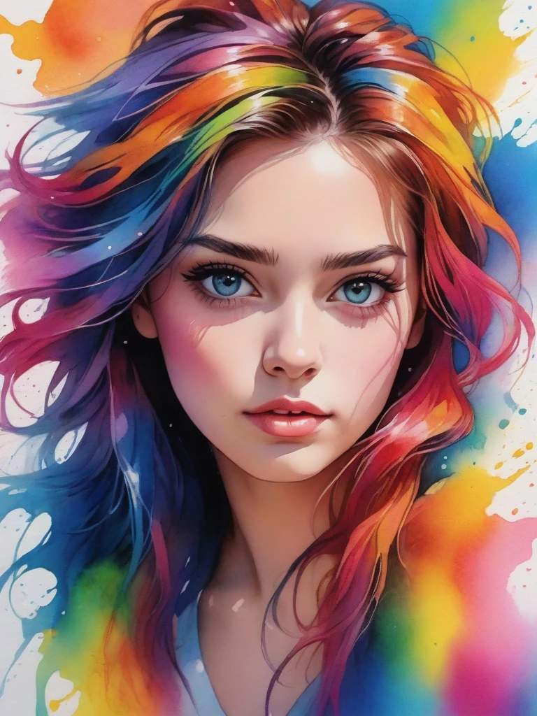 Colorful beautiful woman, a woman 18-years old, multiple color messy hair, watercolor, nice perfect face, multiple colors, intricate detail, splash screen, 8k resolution, masterpiece, cute face,art station digital painting smooth veryBlack ink flow, 8k resolution photorealistic masterpiece, intricately detailed fluid gouache painting, calligraphy, acrylic, watercolor art, professional photography, natural lighting, volumetric lighting maximalist, complex, elegant, expansive, fantastical,dfdd,Xxmix_Catecat,dripping paint,, best quality,realistic,masterpiece,photography,RAW photo,highres,(absurdres:1.2),Kodak Protre 400,film grain,lens flare,