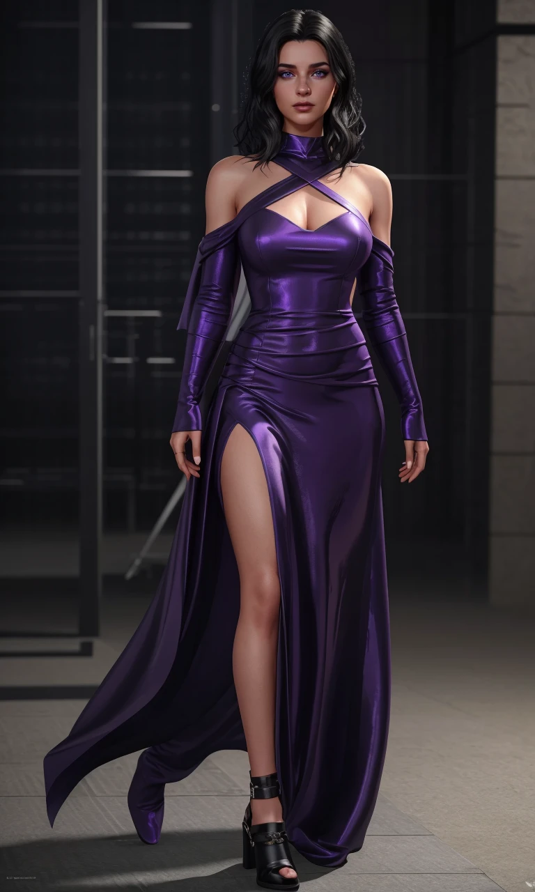 kateb2023, met gala, 1girl, 8k, uhd, best quality, trending on arstation, full body, photorealistic, masterpiece, raw image, skin pores, detailed skin, 5 fingers, cowboy shot, black hair, purple elegant dress