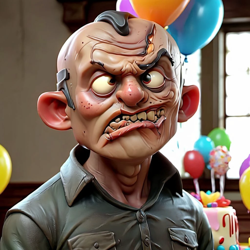 3D cinematic film.(caricature:0.2). 4k, highly detailed, (jasonunmasked:2.0) at a birthday party, vivid colors, <lora:jasonvoorhees-step00002000:1>