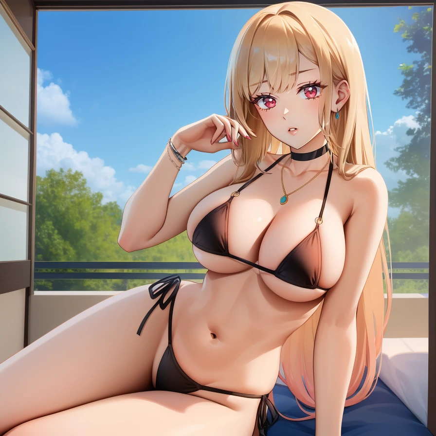 (masterpiece, best quality:1.2), Reine, Thin Lineart, Soft Shading, Film Grain, 1girl, solo, parted lips, looking at viewer, breasts, blonde hair, bangs, Kitagawa Marin, long hair, multicolored hair, red eyes, jewelry, necklace, choker, black bikini, floral print, bracelet, side-tie bikini bottom, closed mouth, large breasts, mature female, wide hips, collarbone, cleavage, <lora:kitagawa_marin_v1-1:.8>  <lora:Reine Style Lora:.8>