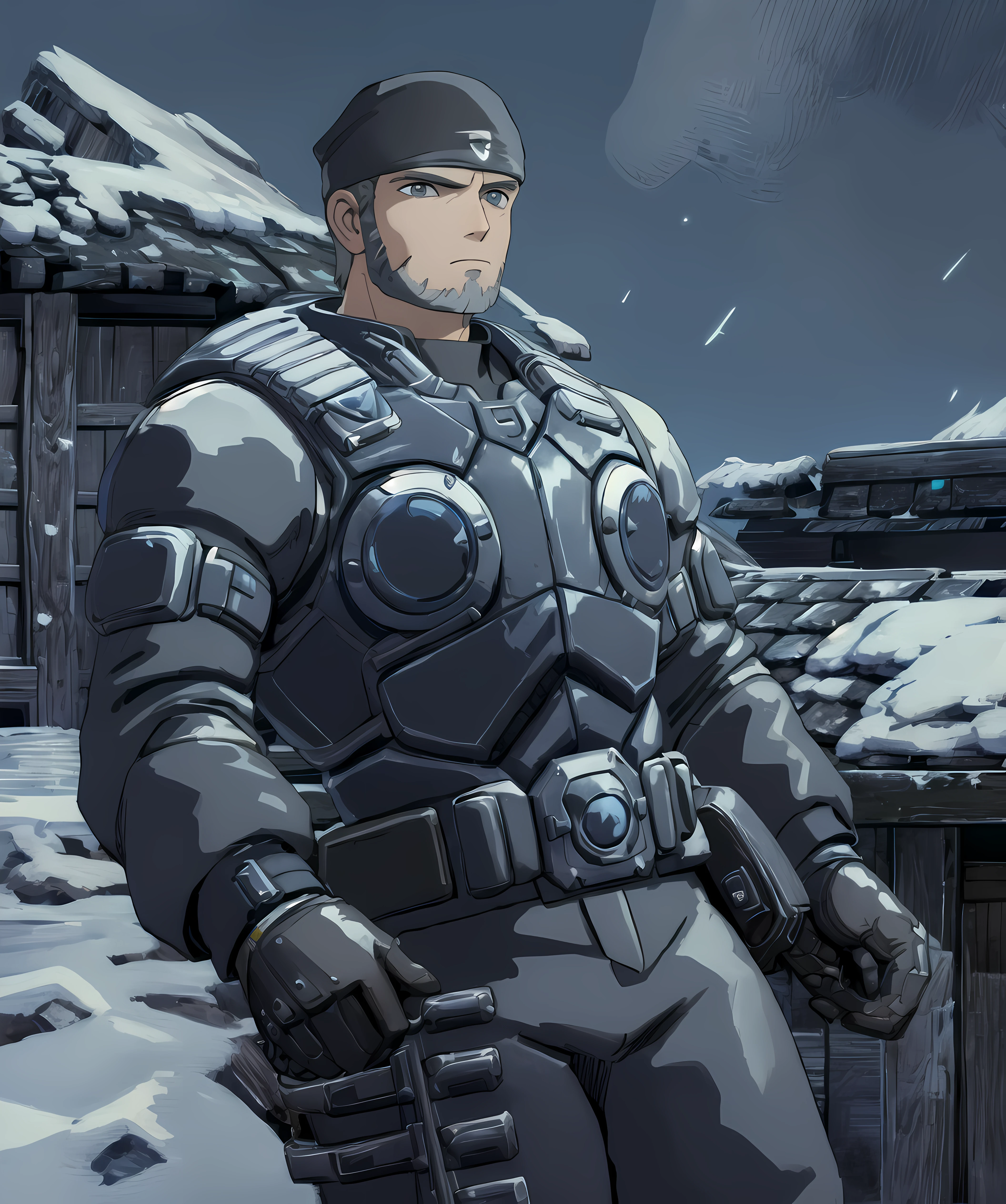 marcus_fenix, black bomber jacket, black long pants, snow, town, night, starry night, lookimg to viewer, black bandana <lora:Marcus_Fenix:0.7> <lora:ghibli_style_offset:1>