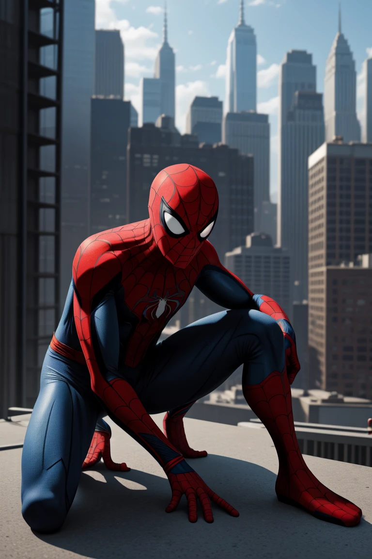 comic book style, flat colors, Spiderman, man, (crouching down, spider-man pose, back to camera), facing away, male toned body, perched on top of a high metal construction site, spiderman mask, overlooking manhattan, buildings, somber moment, skyscrapers, looking down, detailed background, day time, (wide shot), foreshortened perspective, 3-point perspective, dutch angle,