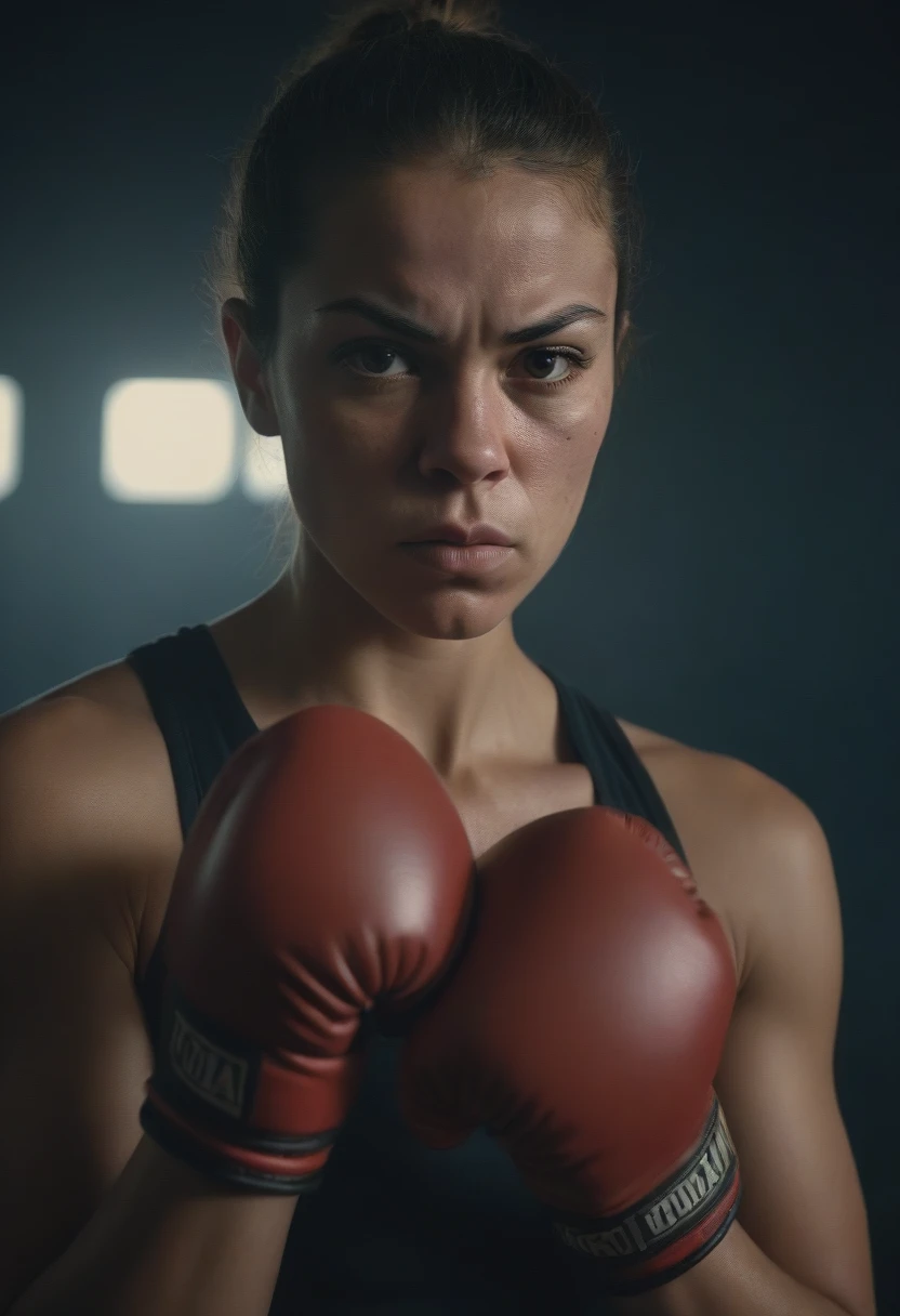 200mm photograph portrait of Female boxer training, serious, stoic cinematic photograph shot on kodak detailed dark moody,
