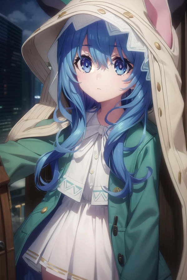 dalyoshino, <lora:dal yoshino s2-lora-nochekaiser:1>,
yoshino astral dress, long hair, blue eyes, ribbon, animal ears, hair between eyes, blue hair, hood, rabbit ears, coat, hood up, animal hood, rabbit hood, green coat,
BREAK ,
BREAK outdoors, city, sky, clouds, buildings, sun,
BREAK looking at viewer, (cowboy shot:1.5),
BREAK <lyco:GoodHands-beta2:1>, (masterpiece:1.2), best quality, high resolution, unity 8k wallpaper, (illustration:0.8), (beautiful detailed eyes:1.6), extremely detailed face, perfect lighting, extremely detailed CG, (perfect hands, perfect anatomy),