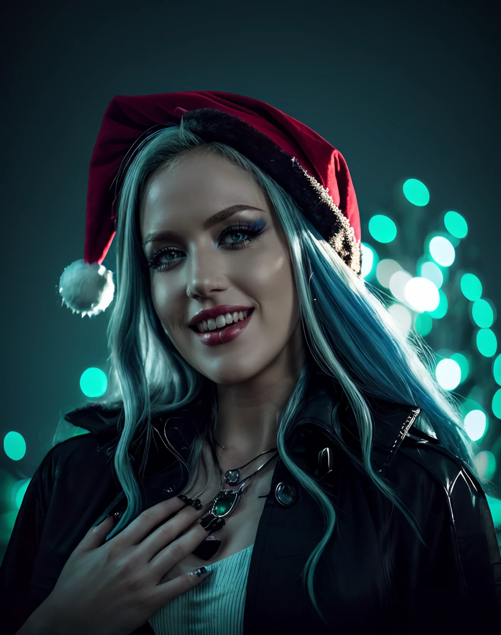cinematic photo <lora:quiron_AlissaWhiteGluz_v4_lora:0.87> alissawhitegluz_woman wearing christmas clothes,
Christmas atmosphere, realistic, green, black, (simple background:1.5) , (black:1.1), (double exposure art:1.5):3], [a woman with (Santa hat:1.2) : Green Santa with a huge smile: 4], magnificent,  epic, majestic, magical,   dreamy, christmas tree, snowing, red lights, fireflies, . 35mm photograph, film, bokeh, professional, 4k, highly detailed