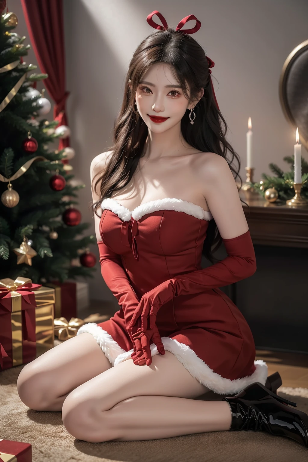 ((((8k))),((Extremely meticulous CG)) ,(wallpaper),16k,((Extremely refined and beautiful))，(((Masterpiece))),(((best qualtiy))),(((Ultra High Resolution))),beautiful light up，Perfect lightning，realistic shaded，[A high resolution],(Smooth and flawless fair skin:1.5),Extremely exquisite facial details,(perfect body：1.1),ultra - detailed,A beautiful girl,small head,(shoulder length straight black bob hair:1.1),small face,Exquisite makeup,(Small breasts:1.1),Flat chests,slim,thin,happy,Smile,(Santa hat:1.1),(Santa dress:1.3),(slender legs:1.2),(white stockings:1.2),Santa boots,(night scene:1.5),In living room,bright light,(detailed background:1.5),Christmas tree,fireplace,Candy gift boxes,indoor,sitting,looking at viewer,(full body:1.2)