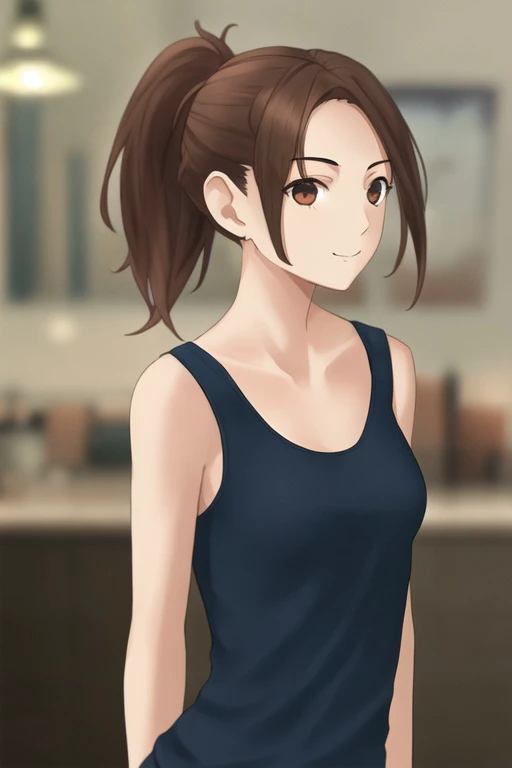 1girl
, brown hair
,tank top
, (light smile:0.1)
, small breasts
,short hair,ponytail
, blurry background
<lora:miura12:0.9>