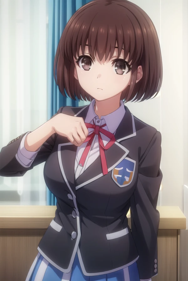 maihazakura, <lora:mai hazakura s2-lora-nochekaiser:1>,
mai hazakura, short hair, brown hair, (brown eyes:1.5),
BREAK school uniform, blazer, black blazer, shirt, white shirt, collared shirt, skirt, blue skirt, ribbon, red ribbon,
BREAK indoors, classroom,
BREAK looking at viewer, (cowboy shot:1.5),
BREAK <lyco:GoodHands-beta2:1>, (masterpiece:1.2), best quality, high resolution, unity 8k wallpaper, (illustration:0.8), (beautiful detailed eyes:1.6), extremely detailed face, perfect lighting, extremely detailed CG, (perfect hands, perfect anatomy),