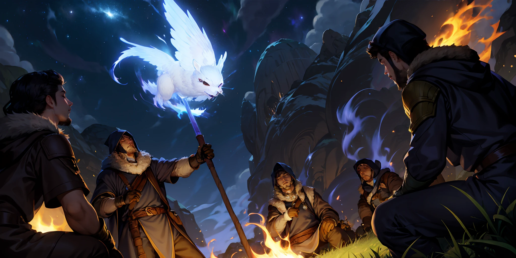 HEZI,LOL,\\\(lol style\\\),game cg,holding,multiple boys,outdoors,staff,night,hood,3boys,facial hair,brown hair,1girl,holding staff,sitting,sky,beard,hood up,grass,fur trim,black hair,looking at another,armor,magic,pants,gloves,smile,fire,star \(sky\),night sky,short hair,bag,rock,blonde hair,long hair,looking up,arm up,standing,glowing,cloud,jewelry,closed eyes,mask,brown pants,<lora:LOLå·¨ç¥å³°_天ç(8bit)2-000018:0.6>,