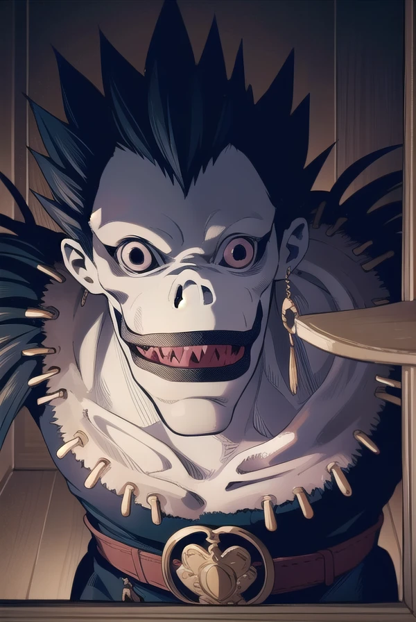 ryuk, <lora:ryuk manga-lora-nochekaiser:1>,
ryuk, jewelry, male focus, teeth, belt, necklace, grin, sharp teeth, spiked hair, skull, crazy eyes, horror \(theme\),
BREAK ,
BREAK indoors,
BREAK looking at viewer, (cowboy shot:1.5),
BREAK <lyco:GoodHands-beta2:1>, (masterpiece:1.2), best quality, high resolution, unity 8k wallpaper, (illustration:0.8), (beautiful detailed eyes:1.6), extremely detailed face, perfect lighting, extremely detailed CG, (perfect hands, perfect anatomy),