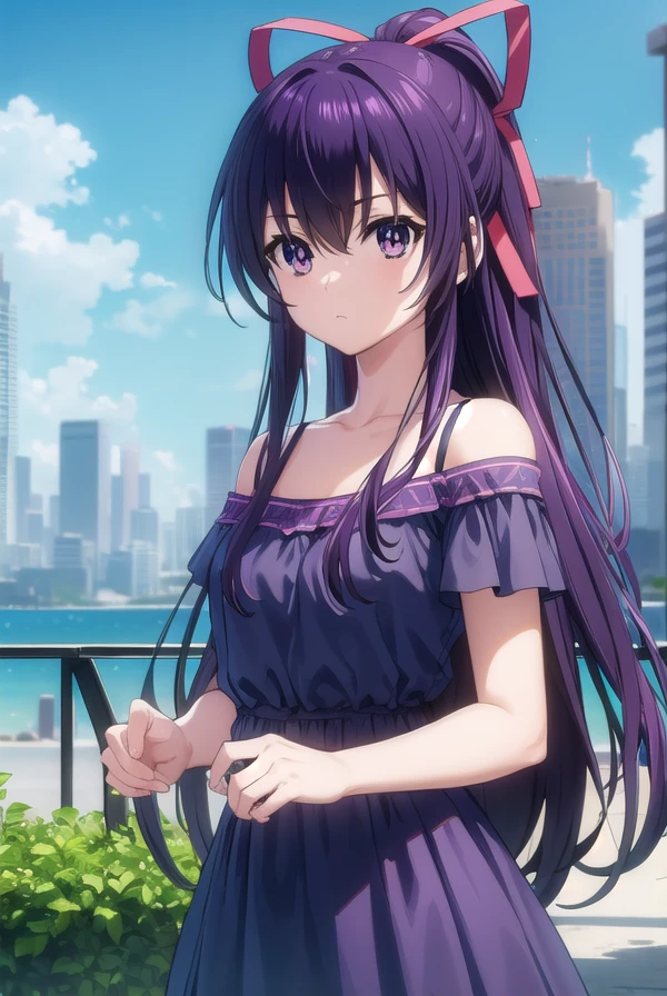 tomoyodaidouji tomoyo daidouji tsubasa (purple eyes:1.7), dark purple-blue hair, (flat chest:1.2),stretching, arms raised up, waking up to a beautiful dawn with gorgeous hues of scarlet, crimson and gold, BREAK collarbone, very short purple summer dress, bare arms, bare shoulders, bare legs, twenty-year old woman BREAK looking at viewer, BREAK outdoors, standing on a building watching the sunrise, dawn, BREAK (masterpiece:1.2), best quality, high resolution, unity 8k wallpaper, (illustration:0.8), (beautiful detailed eyes:1.6), extremely detailed face, perfect lighting, extremely detailed CG, (perfect hands, perfect anatomy),