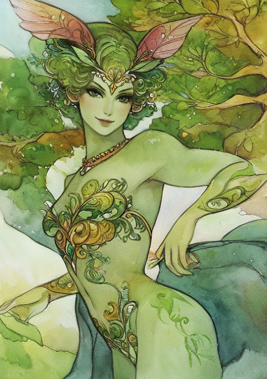 a painting of a female dryad, watercolor painting, fantasy, fairy tale, athletic body, dynamic pose, (green skin:1.2), masterpiece:1.2, smile, expressive image, best anatomy, plain white colored background, short hair, pixie cut, (plant woman, plant skin:0.9)
