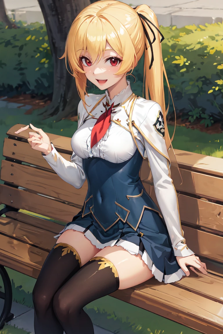 masterpiece, best quality, absurdres, LisesharteAtismata, ponytail, hair ribbon, school uniform, red necktie, white shirt, blue skirt, black thighhighs, sitting, outdoors, bench, smile, :d, <lora:LisesharteAtismata:1>