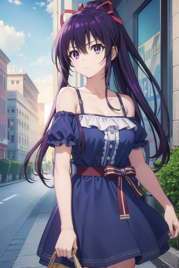 tohkayatogami, <lora:tohka yatogami s2-lora-nochekaiser:1>,
tohka yatogami casual, long hair, purple hair, dress, ribbon, bare shoulders, (purple eyes:1.1), hair ribbon, ponytail, purple hair, white ribbon, off shoulder, bra strap, frills, dress, (blue dress:1.2),
BREAK ,
BREAK outdoors, city, people, crowd, sky, clouds, sun, blue sky,
BREAK looking at viewer, (cowboy shot:1.5),
BREAK <lyco:GoodHands-beta2:1>, (masterpiece:1.2), best quality, high resolution, unity 8k wallpaper, (illustration:0.8), (beautiful detailed eyes:1.6), extremely detailed face, perfect lighting, extremely detailed CG, (perfect hands, perfect anatomy),
