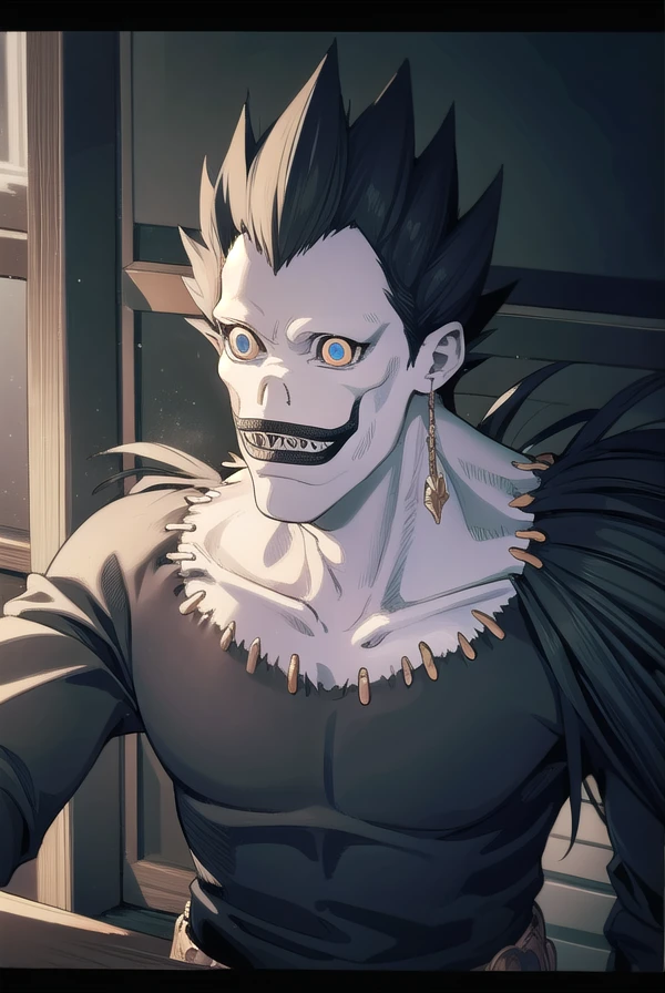 ryuk, <lora:ryuk manga-lora-nochekaiser:1>,
ryuk, jewelry, male focus, teeth, belt, necklace, grin, sharp teeth, spiked hair, skull, crazy eyes, horror \(theme\),
BREAK ,
BREAK indoors,
BREAK looking at viewer, (cowboy shot:1.5),
BREAK <lyco:GoodHands-beta2:1>, (masterpiece:1.2), best quality, high resolution, unity 8k wallpaper, (illustration:0.8), (beautiful detailed eyes:1.6), extremely detailed face, perfect lighting, extremely detailed CG, (perfect hands, perfect anatomy),