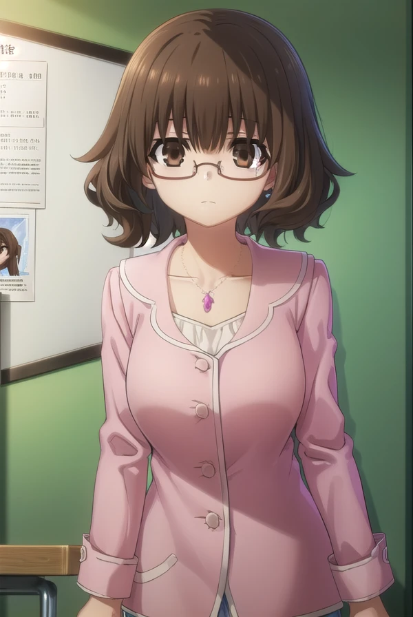 tamaeokamine, <lora:tamae okamine s2-lora-nochekaiser:1>,
tamae okamine, short hair, bangs, brown hair, (brown eyes:1.5), glasses, semi-rimless eyewear, red-framed eyewear, under-rim eyewear, bespectacled,
BREAK shirt, long sleeves, jewelry, necklace, pink shirt, collarbone,
BREAK indoors, classroom,
BREAK looking at viewer, (cowboy shot:1.5),
BREAK <lyco:GoodHands-beta2:1>, (masterpiece:1.2), best quality, high resolution, unity 8k wallpaper, (illustration:0.8), (beautiful detailed eyes:1.6), extremely detailed face, perfect lighting, extremely detailed CG, (perfect hands, perfect anatomy),