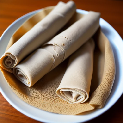 <lora:injera_v1:0.5>, food, injera, food, injera_focus, no_humans, photo_\(medium\), realistic, unconventional_media, rolled, Crepe