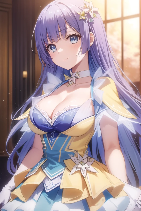 mikuizayoi, <lora:miku izayoi s2-lora-nochekaiser:1>,
miku izayoi astral dress, long hair, blue eyes, hair ornament, gloves, dress, purple hair, pantyhose, choker, elbow gloves, white pantyhose, (yellow dress:1.2), puffy sleeves, frilled skirt, frills, cleavage, smile,
BREAK ,
BREAK indoors, concert, stage,
BREAK looking at viewer, (cowboy shot:1.5),
BREAK <lyco:GoodHands-beta2:1>, (masterpiece:1.2), best quality, high resolution, unity 8k wallpaper, (illustration:0.8), (beautiful detailed eyes:1.6), extremely detailed face, perfect lighting, extremely detailed CG, (perfect hands, perfect anatomy),