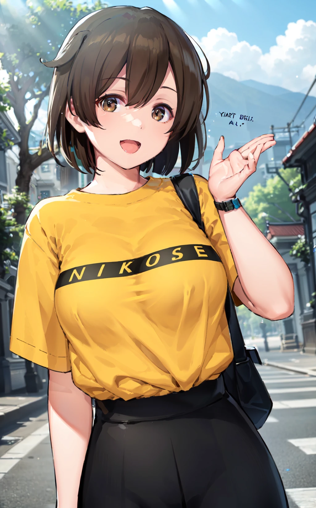 (masterpiece), (best quality), (ultra-detailed), photorealistic, (best illustration), (an extremely delicate and beautiful),1girl, solo, hiryuunikose, (clothes writing:1.22), orange shirt, black skirt, one side up, brown hair, brown eyes, (wristwatch), shoulder strap, smile, sunlight, detailed scenery, cowboy shot, waving, huge breasts, <lora:hiryuu_all_nai_6-24:0.8:lbw=INS_MIDD> (holding:-1.5)