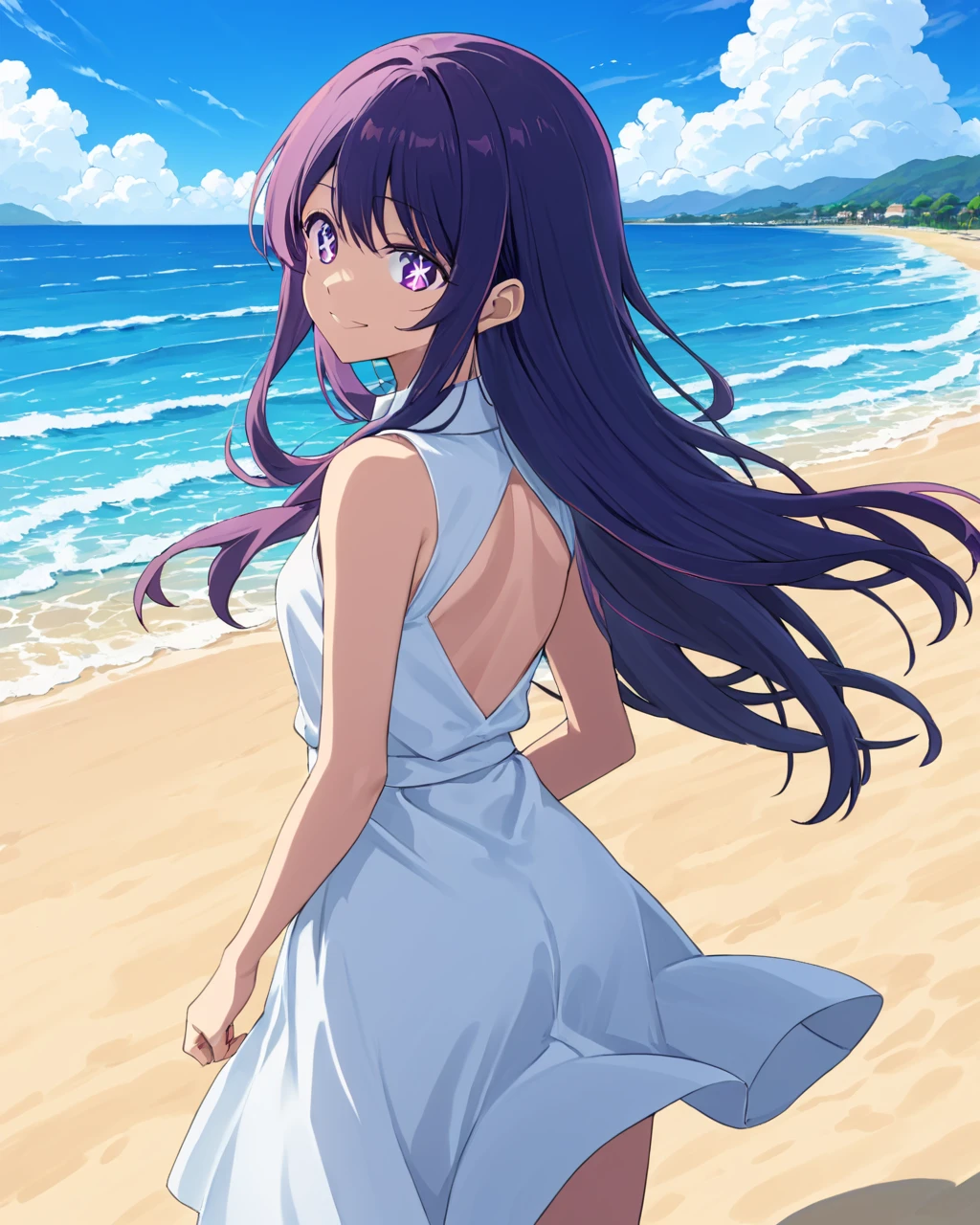ai hoshino,1girl, solo, white_dress, looking_at_viewer, beach, outdoors, ocean, smile, looking_back, day, sleeveless_dress, sundress, skirt_hold, from_behind, sky, waves, cloud, standing
<lora:hoshino_ai_(oshi_no_ko)_image2321_2023-12-06:1>,star-shaped_pupils,symbol-shaped_pupils,. gorgeous,key visual, vibrant, studio anime,award-winning, professional, highly detailed,high budget, cinemascope
