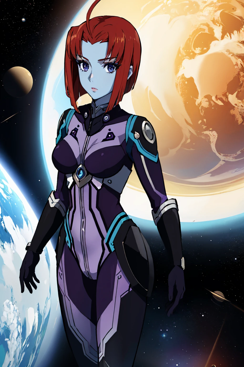 (masterpiece, best quality:1.2), solo, 1girl, melda deitz, blue skin, expressionless, looking at viewer, ahoge, purple bodysuit, outer space <lora:spacebattleship_deitz-16:1>
