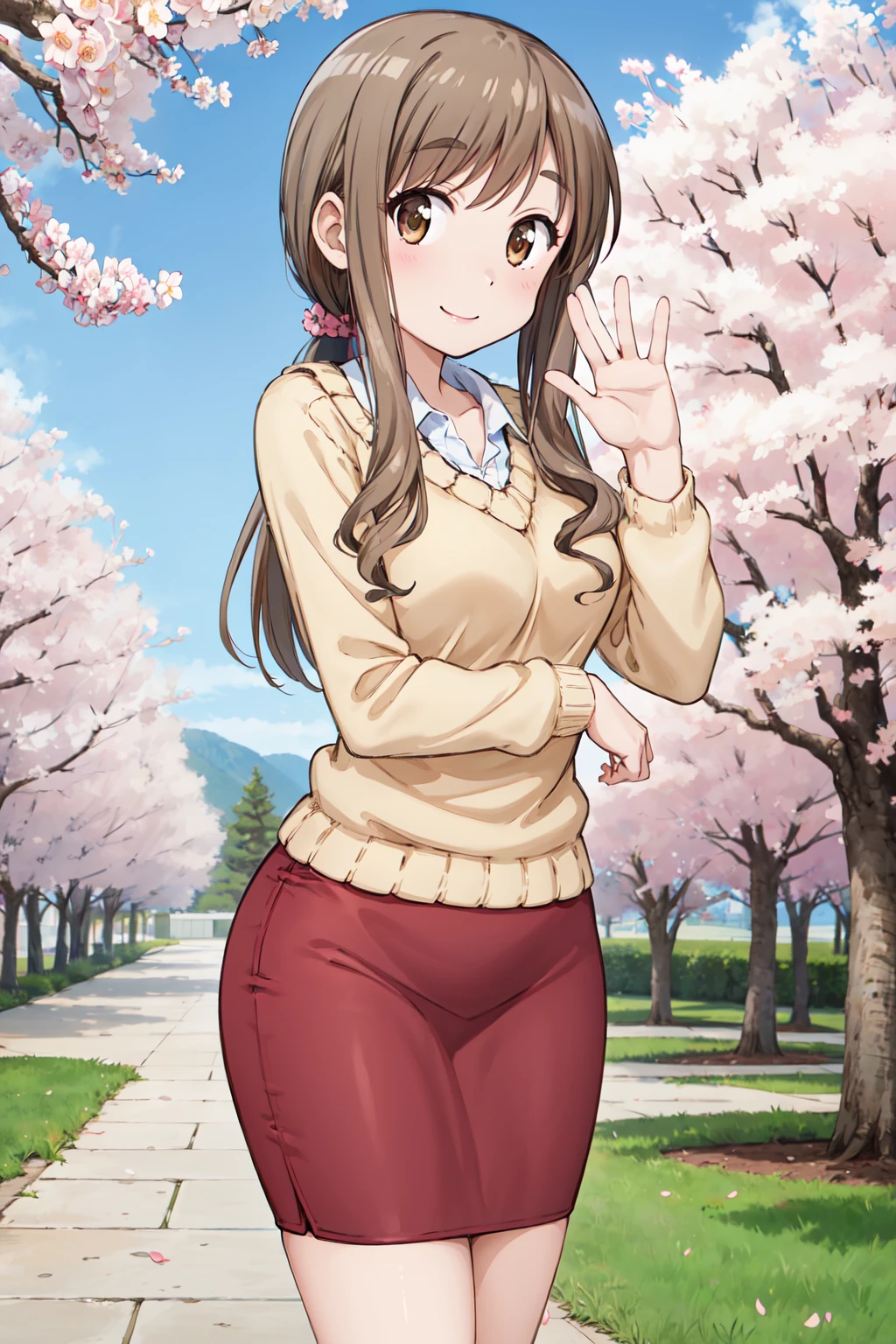 masterpiece,best quality,highres,ultra-detailed,aayoriko,1girl,long hair,ponytail,sidelocks,bangs,schash,(orange sweater:1.1),collared shirt,long sleeves,red skirt,pencil skirt,high heels,white footwear,<lora:matsumoto_yoriko:0.8>,outdoors,standing,smile,cherry blossoms,cowboy shot,waving,