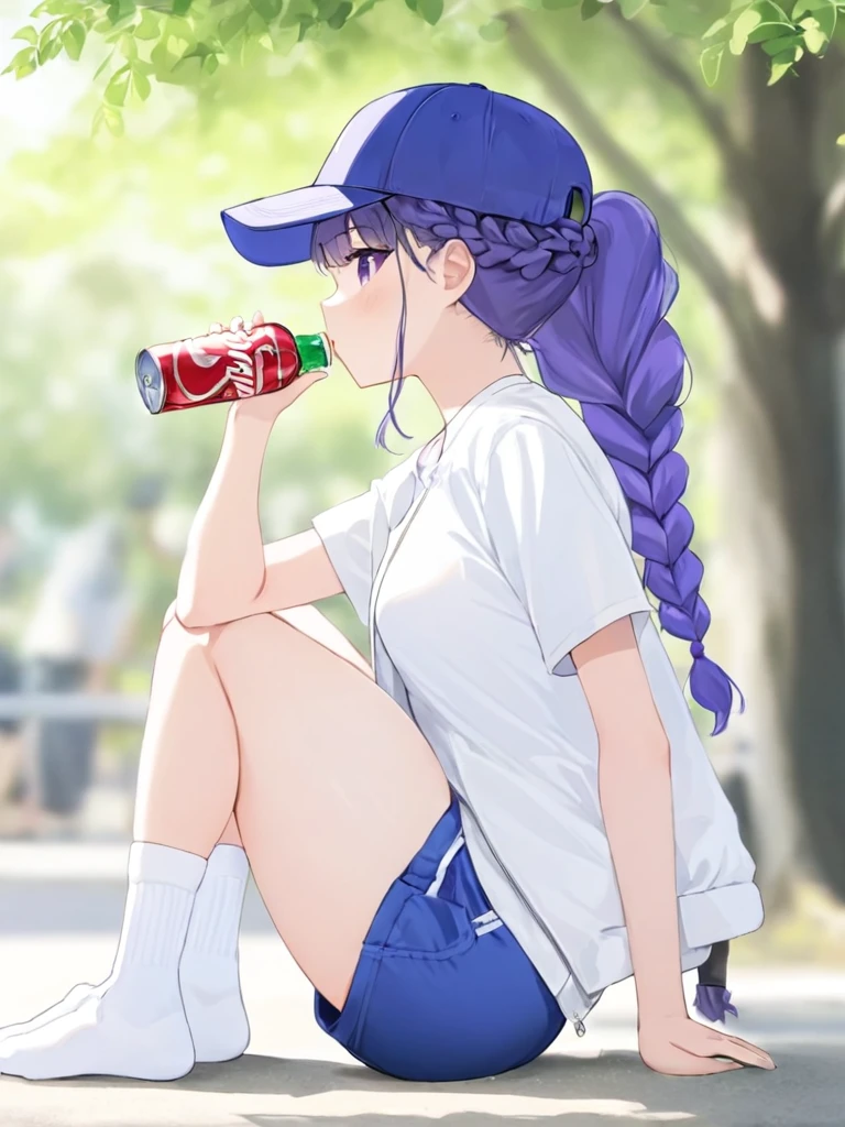 <lora:leishen3:1>,1girl, solo, can, baseball_cap, hat, braid, holding_can, looking_at_viewer, holding, shirt, shorts, raiden_shogun, outdoors, sitting, white_shirt, short_sleeves, blurry, blurry_background, tree, knee_up, alternate_costume, closed_mouth, from_side, socks, white_socks, soda_can, jacket, blue_headwear, clothes_around_waist, braided_ponytail, sidelocks, blue_shorts, day, short_shorts, thighs, drink, jacket_around_waist, contemporary, single_braid