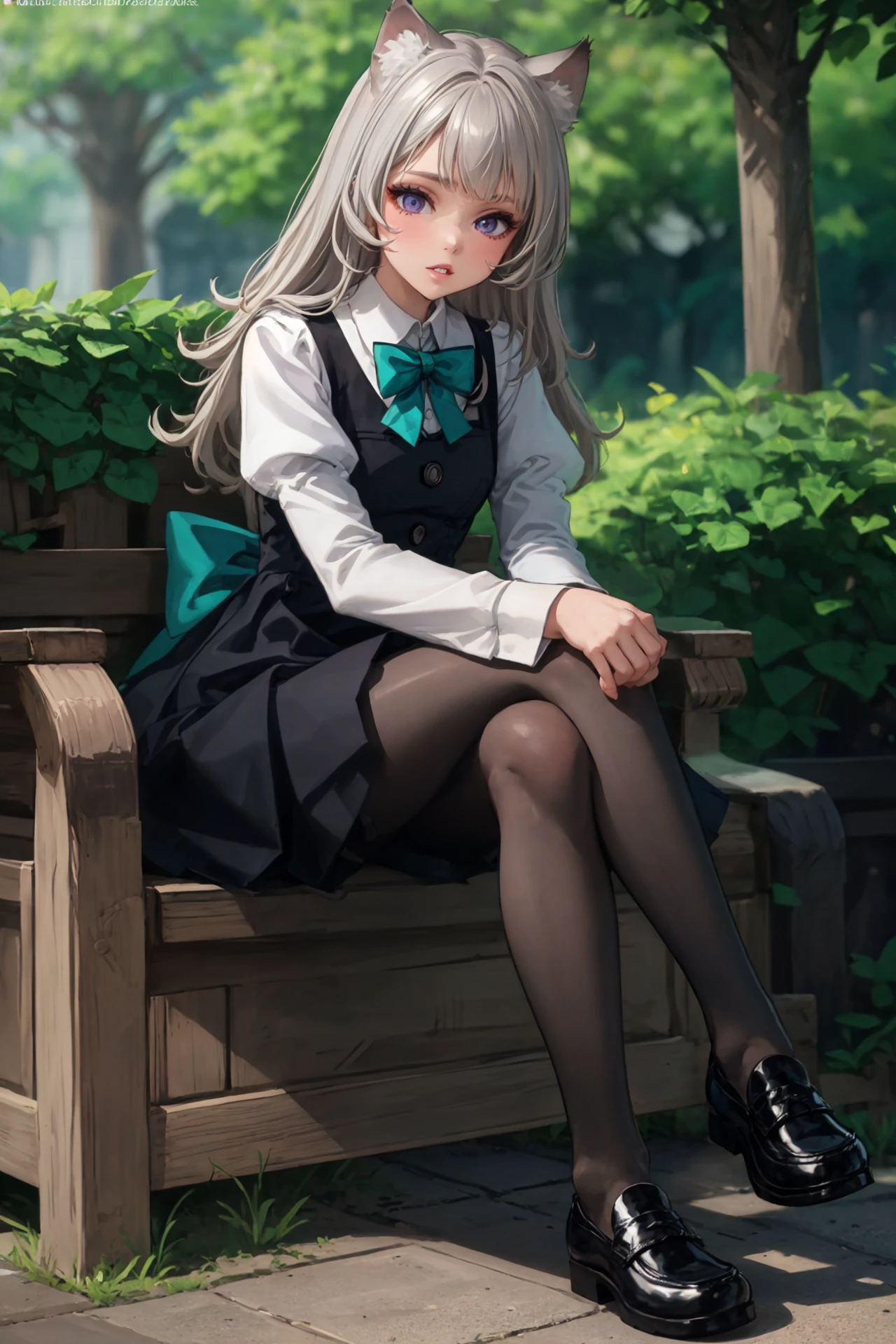 masterpiece, best quality, solo, 1girl, (full body:1.5), parted lips, sitting, (legs crossed:1.5), french town, outdoors, <lora:Genshin_Little_Lynette_v2-000360:0.6>, long hair, long sleeves, black dress, black vest, collared shirt, teal bow, cat ears, parted lips, purple eyes, cat tail, grey hair, grey pantyhose, black loafers, puffy sleeves, bowtie, teal plaid skirt, pleated skirt, black skirt, pov,
