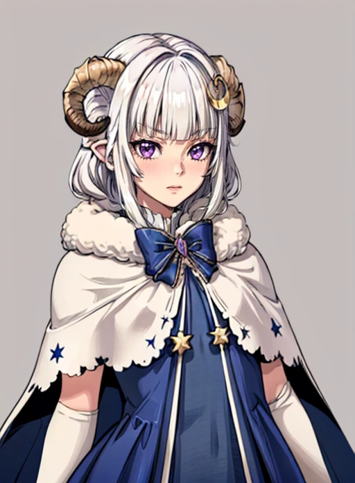 best quality, (masterpiece),(ultra-detailed), (high quality), (high resolution),<lora:add_detail:0.7> , <lora:Aurora:0.7>,1girl, aurora atria, bangs, bare arms, blue dress, bow, crescent, crescent hair ornament, curled horns, dress, fur trim, grey hair, hair ornament, horns, purple eyes, sheep horns, simple background, upper body, white gloves,cape, star hair ornament,