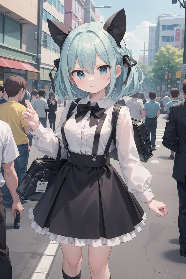 insanely detailed, absurdres, ultra-highres, ultra-detailed, best quality,
1girl, solo, nice hands, perfect hands,
BREAK
braid, shirt, holding, mary janes, socks, black skirt, long hair, white shirt, suspender skirt, white socks, long sleeves, ribbon, suspenders, standing, ruffles, black ribbon, bow , black bow tie, long skirt, black bow, neck ribbon, bowtie, bag
BREAK
happy smile, laugh, closed mouth, standing,
,
cute pose, cowboy shot,
BREAK
slender, kawaii, perfect symmetrical face, ultra cute girl, ultra cute face, ultra detailed eyes, ultra detailed hair, ultra cute, ultra beautiful,
BREAK
in harajuku, shibuya, tokyo, street, crowd, cityscape,
BREAK
medium large breasts,
(turquoise blue medium hair, black eyes), hair between eyes