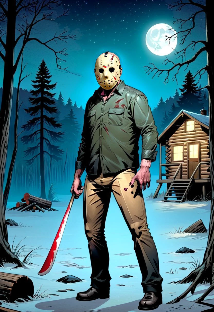 jasonvoorhees, solo, looking at viewer, standing, graphic novels illustration style, night, log cabin, <lora:jasonvoorhees:1>