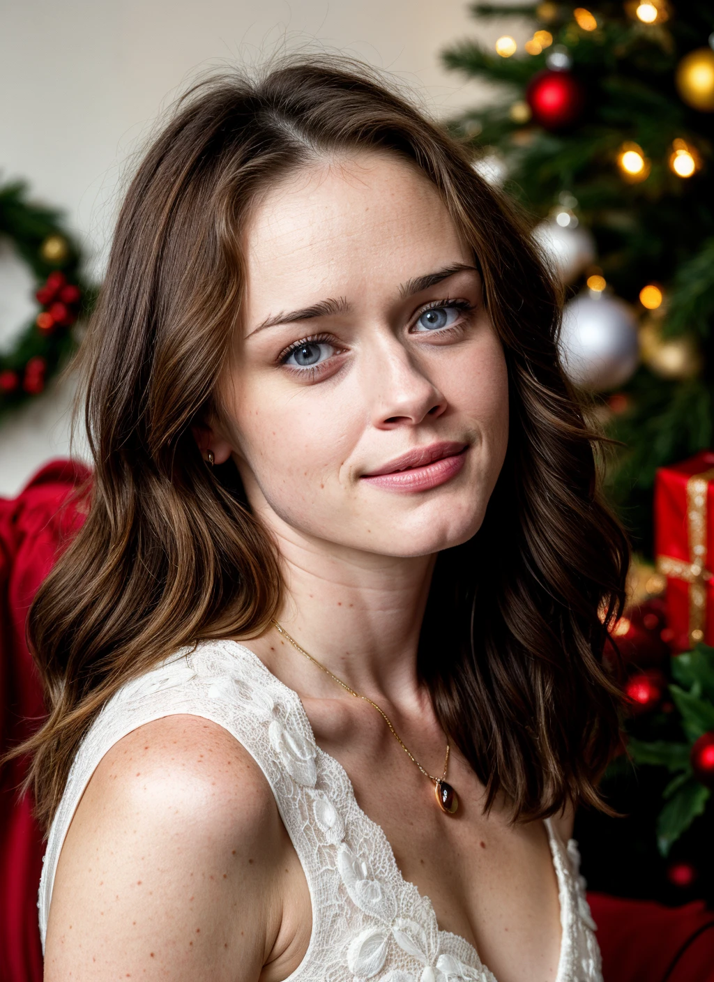 RAW photo of 20 years old alexisbledel-ti, natural lighting, 8k uhd, dslr, high quality, film grain, Fujifilm XT3, <lora:add_detail:0.7>, by David LaChapelle, christmas theme, young