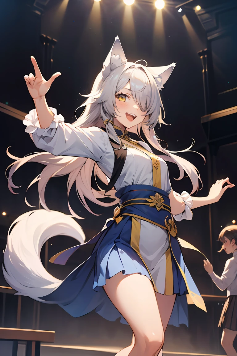 masterpiece,best quality,absurdres,1girl,wolf ears,yellow long hair,hair over one eye,smile,open mouth,stylish pose,theater dance scene,<lora:GoodHands-beta2:1>