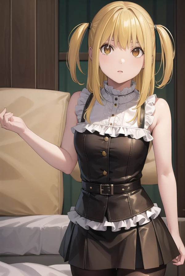 misaamane, <lora:misa amane manga-lora-nochekaiser:1>,
misa amane, twintails, (brown eyes:1.5), (yellow hair:1.5), sidelocks, long hair,
BREAK skirt, pantyhose, sleeveless, belt, cross, frilled skirt, gothic, collar, spiked collar,
BREAK indoors, bed,
BREAK looking at viewer, (cowboy shot:1.5),
BREAK <lyco:GoodHands-beta2:1>, (masterpiece:1.2), best quality, high resolution, unity 8k wallpaper, (illustration:0.8), (beautiful detailed eyes:1.6), extremely detailed face, perfect lighting, extremely detailed CG, (perfect hands, perfect anatomy),