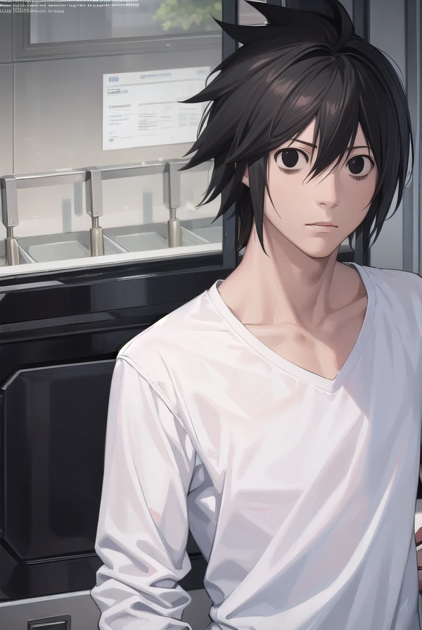 lawliet, <lora:lawliet manga-lora-nochekaiser:1>,
lawliet, male focus, spiked hair, (black eyes:1.5), black hair,
BREAK shirt, white shirt, collarbone, long sleeves, pants, denim,
BREAK indoors,
BREAK looking at viewer, (cowboy shot:1.5),
BREAK <lyco:GoodHands-beta2:1>, (masterpiece:1.2), best quality, high resolution, unity 8k wallpaper, (illustration:0.8), (beautiful detailed eyes:1.6), extremely detailed face, perfect lighting, extremely detailed CG, (perfect hands, perfect anatomy),