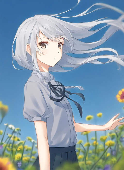 1girl
, grey hair, floating hair
, (wind:0.8), outdoors
, flower
, looking at viewer
, shirt, skirt, dress
, upper body
<lora:miura12:1>