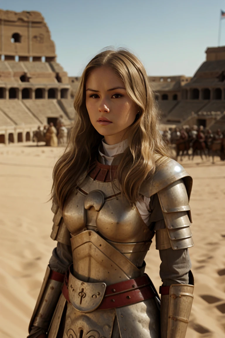 <lora:Erin_Moriarty-v1:1.4> 3r1n,woman, long blonde hair, looking at viewer, portrait, solo, upper body, looking down, detailed background, detailed face, (<lora:MongolPunkAI:0.6>, MongolPunkAI, mongolian theme:1.1), gladiator, myrmidon, training, dynamic pose, determined, Imperial red gladiator armor, wounded, bandages, colosseum in background, sand, gladiatorial atmosphere,